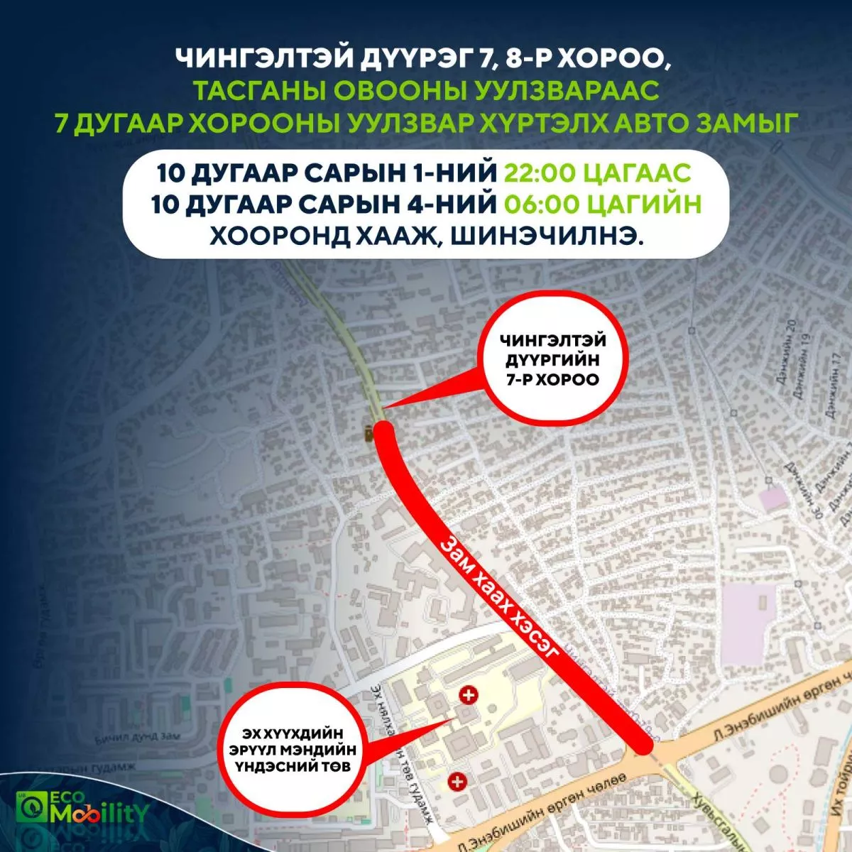 Өнөөдөр 22:00 цагт дараах хоёр байршилд зам хааж, шинэчилнэ