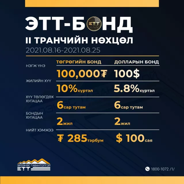 Эрдэнэс Таван толгой ХК -ний бондын 2 дах арилжаа удахгүй эхэлнэ